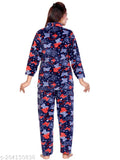Night blue woolen Kambal pajama set for women - Super soft, long sleeves, floral design, hand wash only