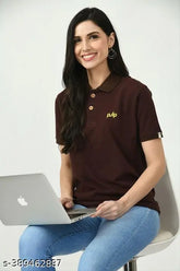 Brown cotton sustainable polo women's shirt - Solid pattern, natural wood buttons, eco-friendly, perfect stitching, ultra-pleasing polo neck, India