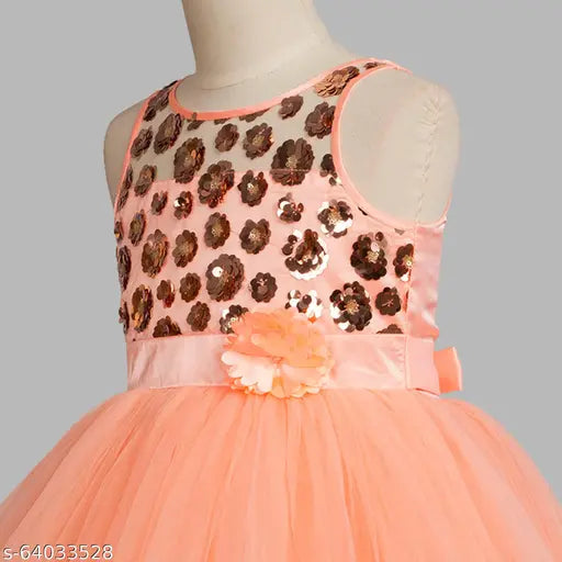 Peach net hi-low dress for girls, embellished sleeveless partywear from India (Size 10-11 Years)