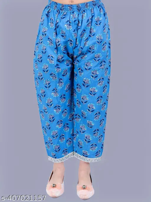 Blue cotton floral print anarkali/flared kurta & pant set for girls, embellished with gota patti work. Perfect for special occasions or festive celebrations. Comfortable cotton blend, available in multiple sizes ranging from 18-24 months to 9-10 years. Made in India