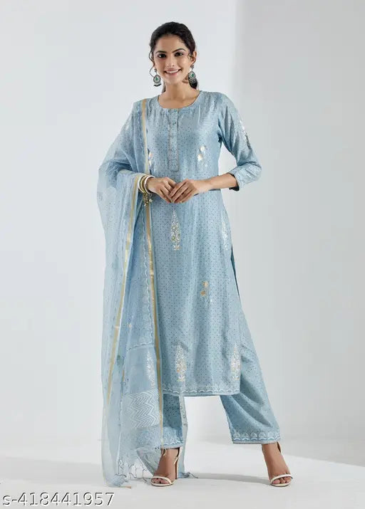 Blue cotton blend kurta set with palazzos and dupatta, printed net design on three-quarter sleeves, size M (38in bust, 14in shoulder, 34in waist, 41in hip, 44in length, 30in bottom waist, 44in bottom hip, 37in bottom length, 2in dupatta) or L (40in bust, 15in shoulder, 36in waist, 43in hip, 44in length, 32in bottom waist, 46in bottom hip, 37in bottom length, 2in dupatta), handcrafted in India