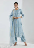 Blue cotton blend kurta set with palazzos and dupatta, printed net design on three-quarter sleeves, size M (38in bust, 14in shoulder, 34in waist, 41in hip, 44in length, 30in bottom waist, 44in bottom hip, 37in bottom length, 2in dupatta) or L (40in bust, 15in shoulder, 36in waist, 43in hip, 44in length, 32in bottom waist, 46in bottom hip, 37in bottom length, 2in dupatta), handcrafted in India