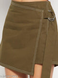 WineRed denim mini wrap skirt with adjuster for women - boho-chic, olive green, Indian origin