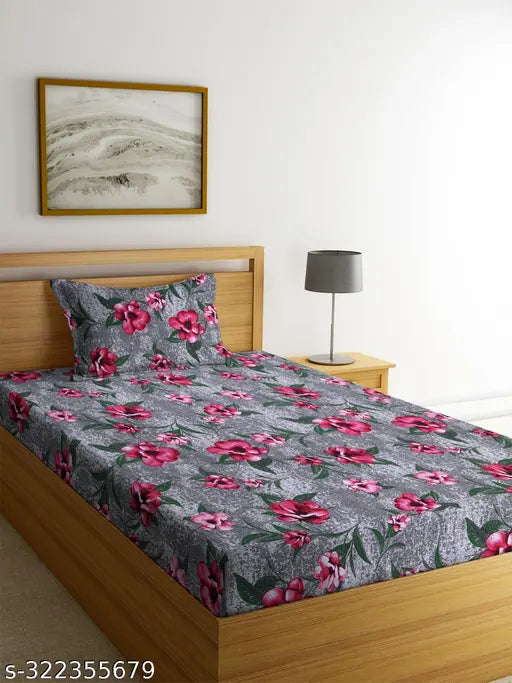Glace cotton single elastic fitted bedsheet, floral print in summer-ready premium quality (36" x 78"), ideal for adults, made in India