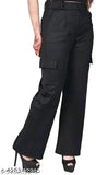 Solid cotton-lycra, high-rise cargo trousers for women by U Shahi Enterprises, easy wash with 4 pockets