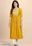 Mustard Rayon Nera Cut Kurta with beautiful Indian embroidery, three-quarter sleeve length 18", emphasizing the product type, color, material, and a keyword ('Indian embroidery')