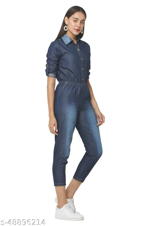 Classy navy blue denim jumpsuit for women, solid pattern with three-quarter sleeves. Available in S, M, L, XL sizes