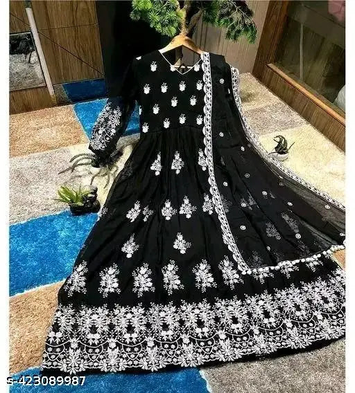 Embroidered Georgette Anarkali Gown, long-sleeved Indian evening dress with intricate embroidery on net fabric, multiple sizes available