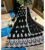 Embroidered Georgette Anarkali Gown, long-sleeved Indian evening dress with intricate embroidery on net fabric, multiple sizes available