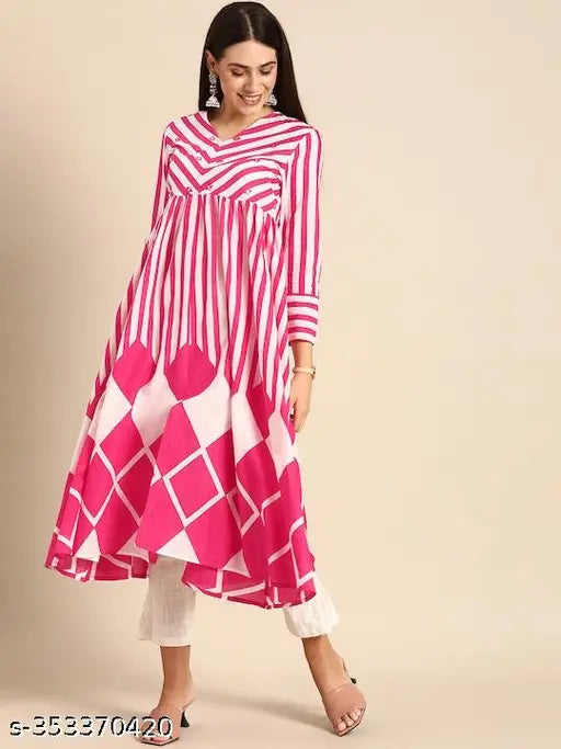 Pink rayon long-sleeved anarkali kurta for women, featuring intricate embroidery and traditional design. Indian party wear." (109 characters)