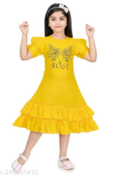 Yellow rayon printed net short sleeves kids dress, top-short-grown India