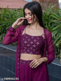 Georgette kurta set with mirror embroidery, long sleeves, palazzos. Elastic waist and shrug. Indian ethnic fashion