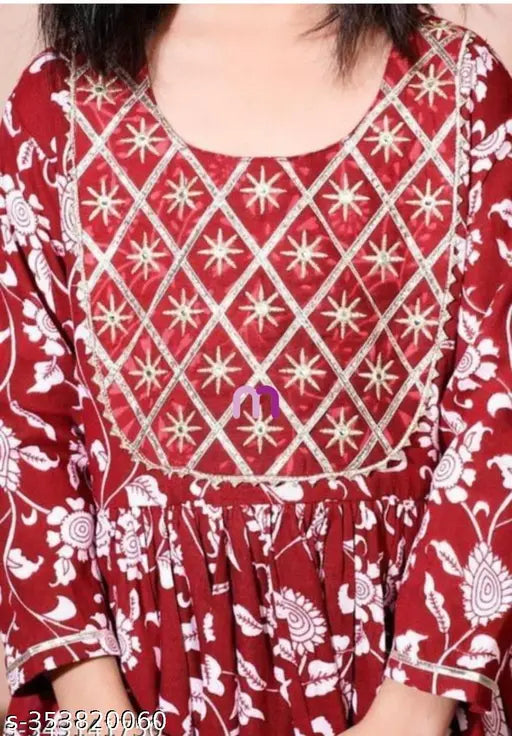 Embroidered maroon rayon anarkali kurta set with sharara bottom & dupatta, for girls aged 5-12 years, Indian origin