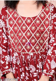 Embroidered maroon rayon anarkali kurta set with sharara bottom & dupatta, for girls aged 5-12 years, Indian origin