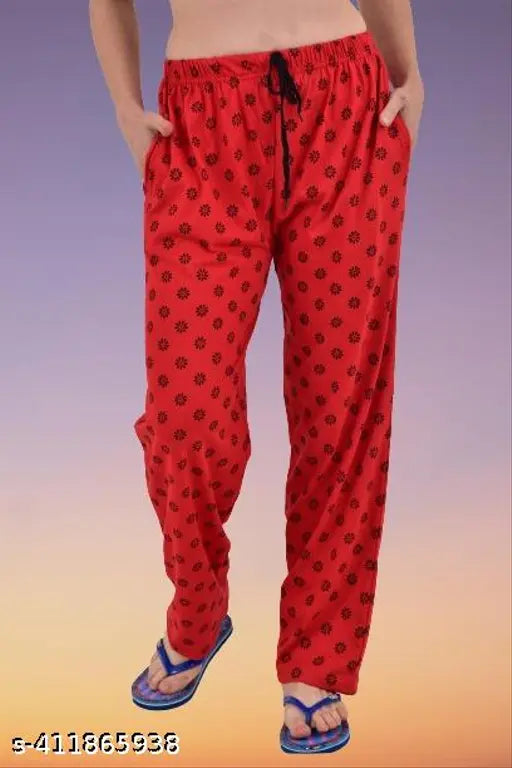 Red trendy fashionable comfy maxi pyjama for women, soft cotton fabric, cheerful print on display