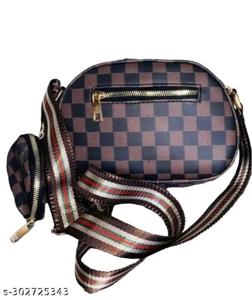 Brown PU Quilted Net Sling Bag for Women and Girls - 3 Compartments, Medium Size, Party Wear, Business, Ethnic, Made in India