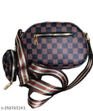 Brown PU Quilted Net Sling Bag for Women and Girls - 3 Compartments, Medium Size, Party Wear, Business, Ethnic, Made in India