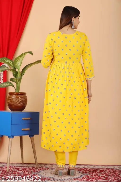 Yellow rayon embroidered kurta pant dupatta set, indigo multi-colored with round neck and floral print, ethnic Naira cut with matching pants