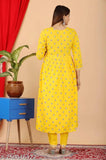 Yellow rayon embroidered kurta pant dupatta set, indigo multi-colored with round neck and floral print, ethnic Naira cut with matching pants