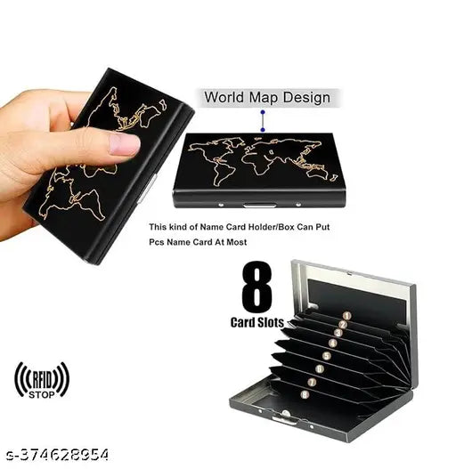 Black stainless steel RFID protector world map cardholder wallet (8 slots), durable, compact, one-hand use for men & women, resists wear, fits 9.5x6.5x1.3cm, made in India