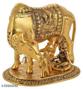 Metal handicraft of Premium Finish Lord Krishna's Kamdhenu Cow with Calf and Krishna, Indian artifact, 16cm x 14cm x 11.5cm size showpiece