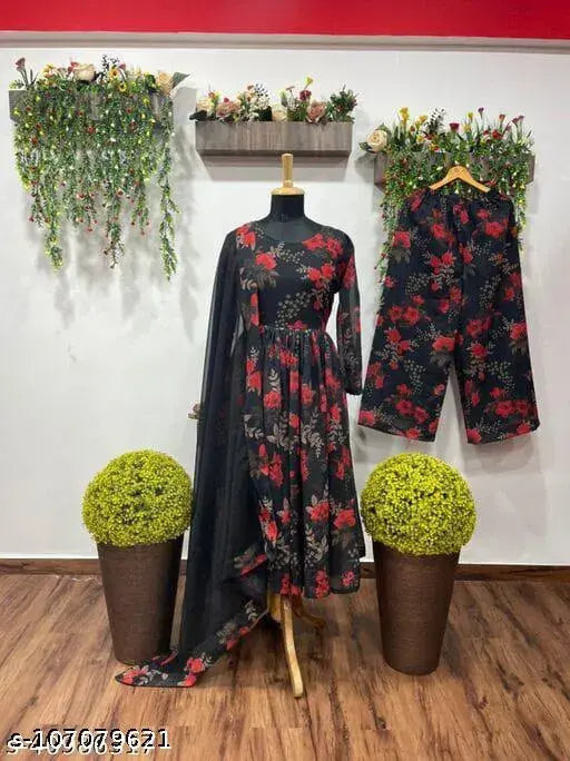 Black georgette NEKRUTI MUNA kurtis with printed net dupatta and palazzo bottoms