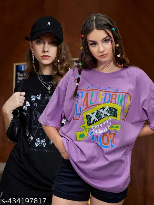 Cotton oversize t-shirts pack of 2, printed with vibrant designs, women's fashion statement from Christy World, India