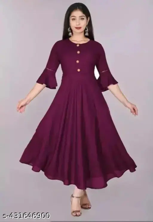Purple rayon anar kali kurti, classic Indian women's fashion for long-time trendy dressing