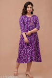 Purple printed anarkali kurta on model, rayon-cotton blend, versatile and comfortable for daily wear