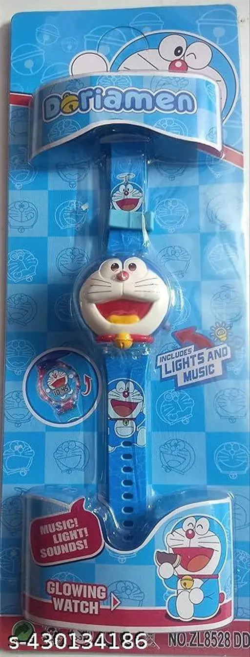 Multicolor digital Doreamon watch, glowing light and music kids' wristwatch with blue silicone strap and round dial, ideal for boys and girls