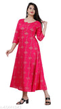 Rani Pink Rayon Anarkali Kurti, Indian-made gold printed 3/4 sleeve, rayon fabric