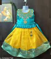 Kids designer embroidered mirror work organza silk long gown with zari border, 3 layered for little princesses. Silk, satin, and crepe cotton lining. Perfect for festivals and parties. Made in India