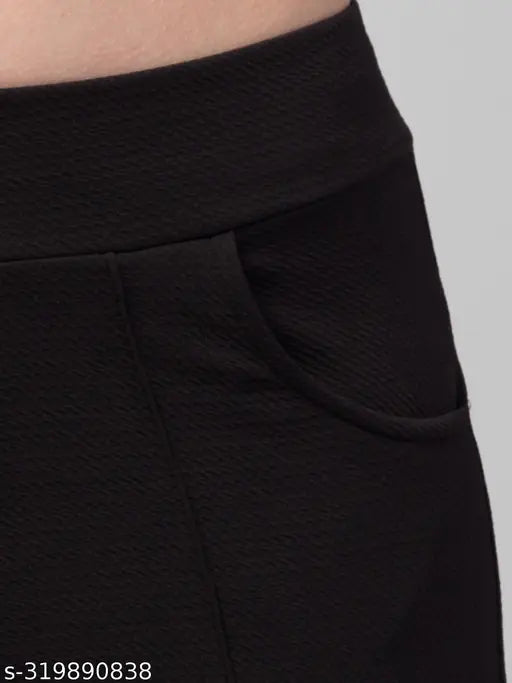 Black cotton blend bell-bottom pants for girls/women, solid black design, easy and comfortable trousers made in India