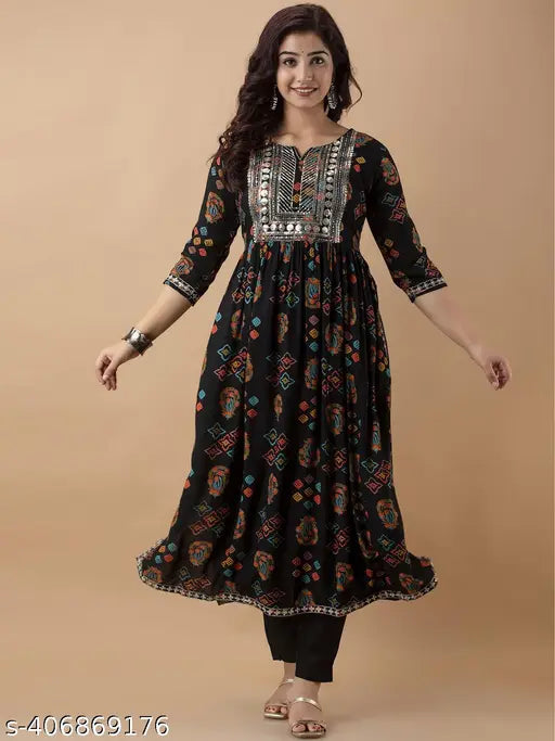 Rayon Nayra Cut Kurti set, printed combo, three-quarter sleeves, Indian ethnic wear for women XS-7XL