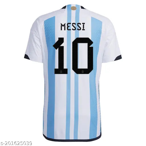 Argentina World Cup 2022 Messi Home Jersey, polyester with Dri-FIT technology, white replica design, ventilated mesh panel, embroidered crest and brand logo