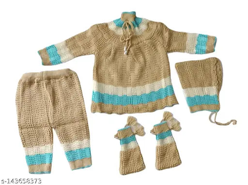 Handmade woolen striped frock set for newborn girls with pyjama cap and booties, Indian craftsmanship showcased