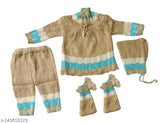 Handmade woolen striped frock set for newborn girls with pyjama cap and booties, Indian craftsmanship showcased
