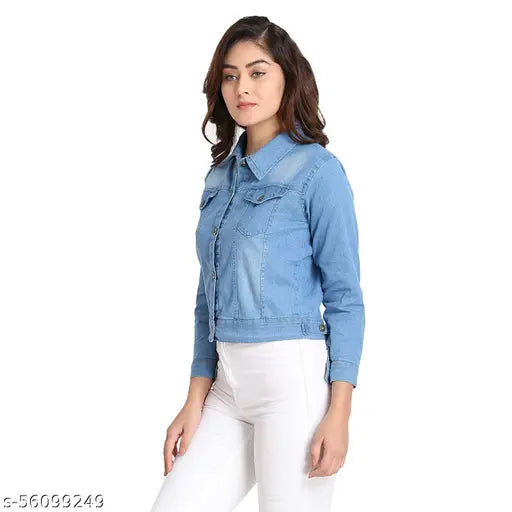 Blue denim full sleeve jacket, classic women's waistcoat. Long sleeves, collared neckline, two pockets, ideal for casual occasions