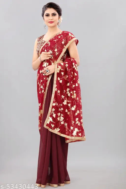 Maroon Georgette foil printed saree with unstitched blouse, embellished sequin pattern on semi-stitched condition, free size (5.5m, 0.8m), made in India