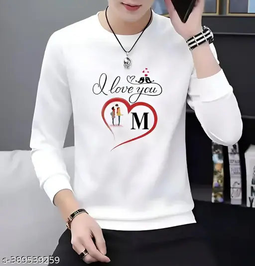 White men's full sleeve graphic print polyester T-shirt, modern design on long sleeves