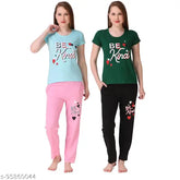 Women's hosiery casual top & pajama set pack 2, printed pattern, short sleeves, M-XL (India)