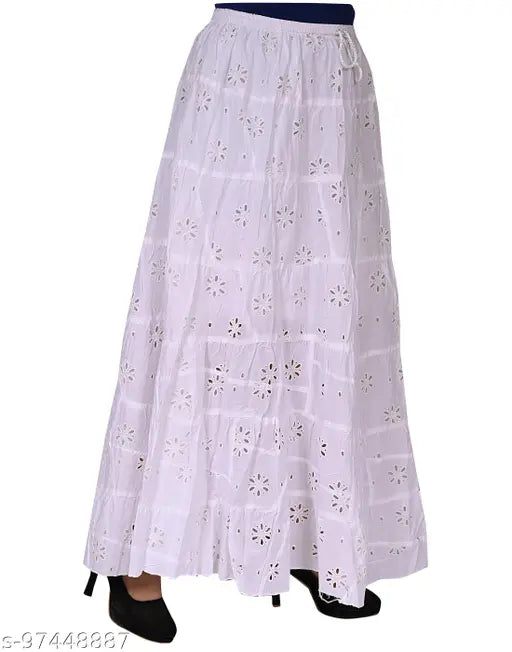 cotton chikan embroidery white long skirt, traditional indian women's or girls wear with 28-40 inch waist size