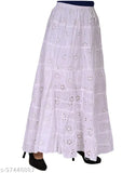cotton chikan embroidery white long skirt, traditional indian women's or girls wear with 28-40 inch waist size