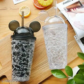 Mickey printed plastic vacuum flask sipper tumbler with straw, black multi-color design for kids' cold beverages