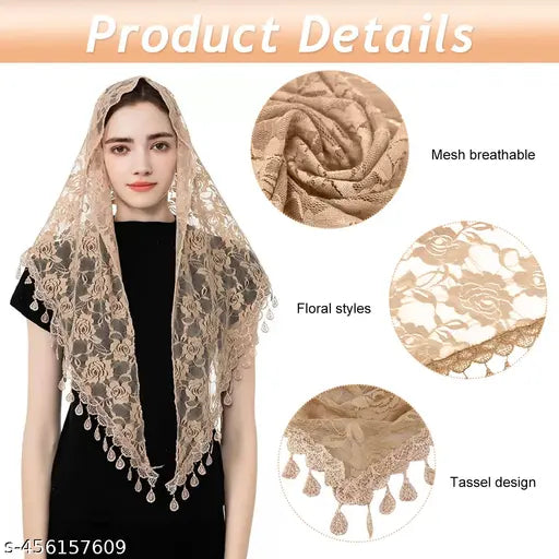 Rose jacquard lace mantilla veil, premium fabric with tassel hem design - ideal gift for Christian women's church attire, free size (length: 1.4m), made in China