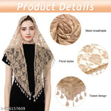 Rose jacquard lace mantilla veil, premium fabric with tassel hem design - ideal gift for Christian women's church attire, free size (length: 1.4m), made in China