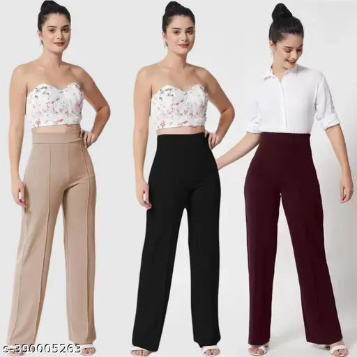 Cotton blend high-rise bell-bottom trousers set for women - Solid color, 3 pieces: versatile high-waisted bootcut pants from India