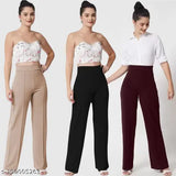 Cotton blend high-rise bell-bottom trousers set for women - Solid color, 3 pieces: versatile high-waisted bootcut pants from India