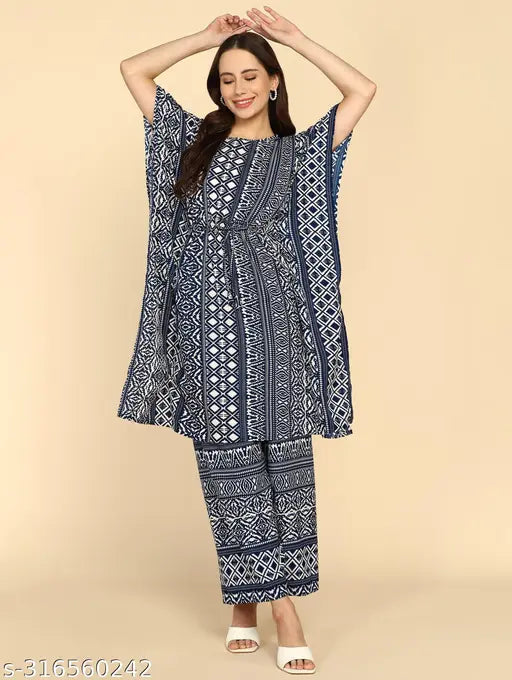 Printed rayon kaftan & palazzo set, flared style with puffed sleeves and lace detailing, Indian ethnic embellishments, suitable for weddings, size S-XXL