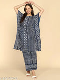 Printed rayon kaftan & palazzo set, flared style with puffed sleeves and lace detailing, Indian ethnic embellishments, suitable for weddings, size S-XXL